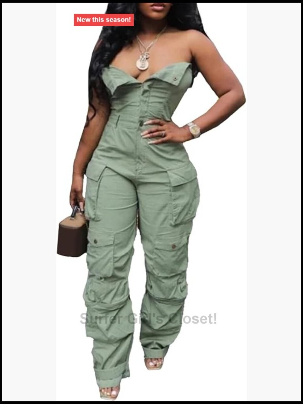 Strapless Cargo Denim Jumpsuit Wide Leg Multi Pockets Romper